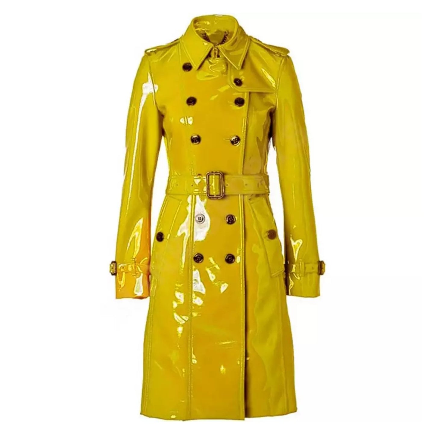 Women Trench Coat PVC Vinyl Shiny Gothic Emo Soft Faux Leather Yellow Long Premium Coat