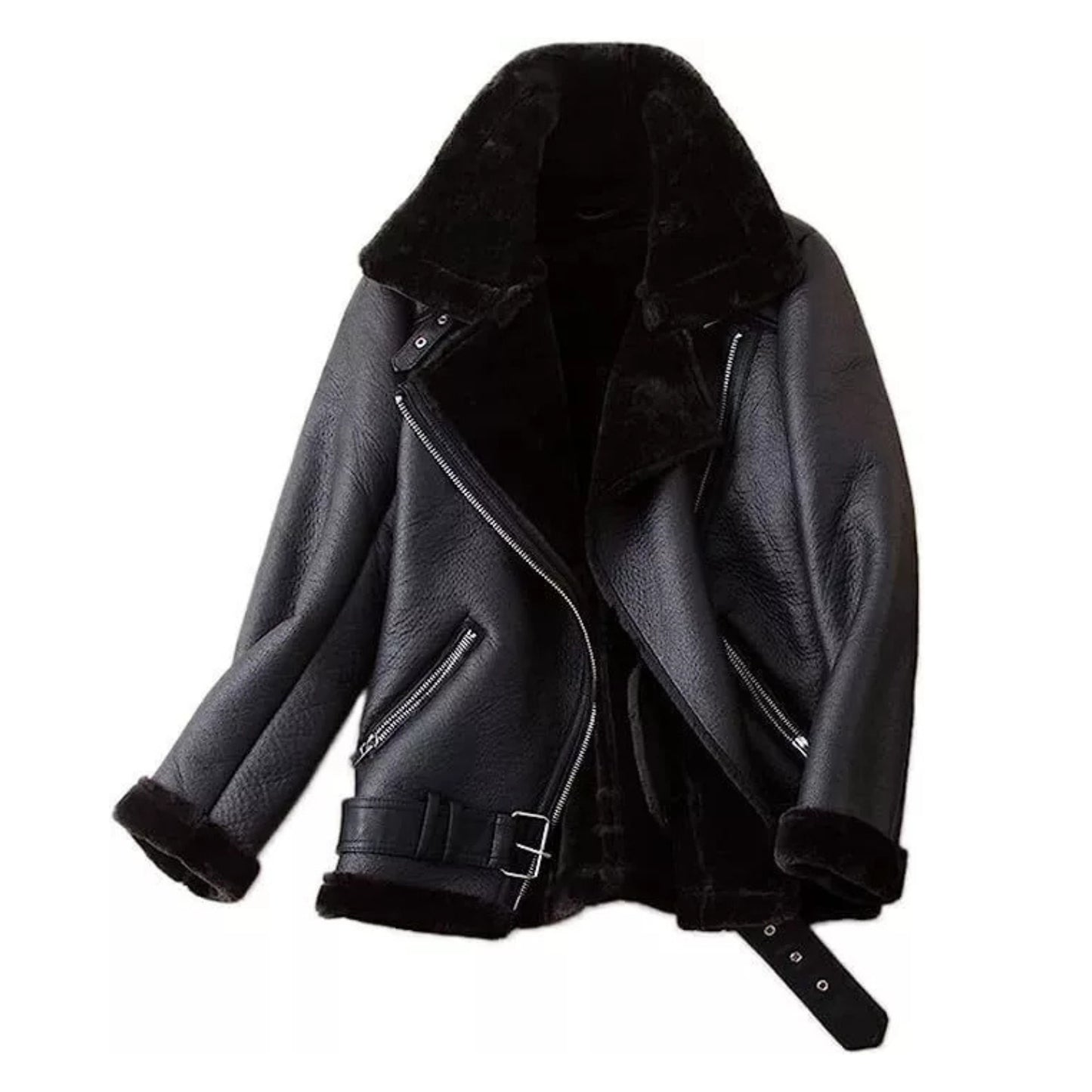 Women's Real Sheep Leather Biker Jacket Double Faced Pilot Avitor Black Fur Winter Premium Warm Coat