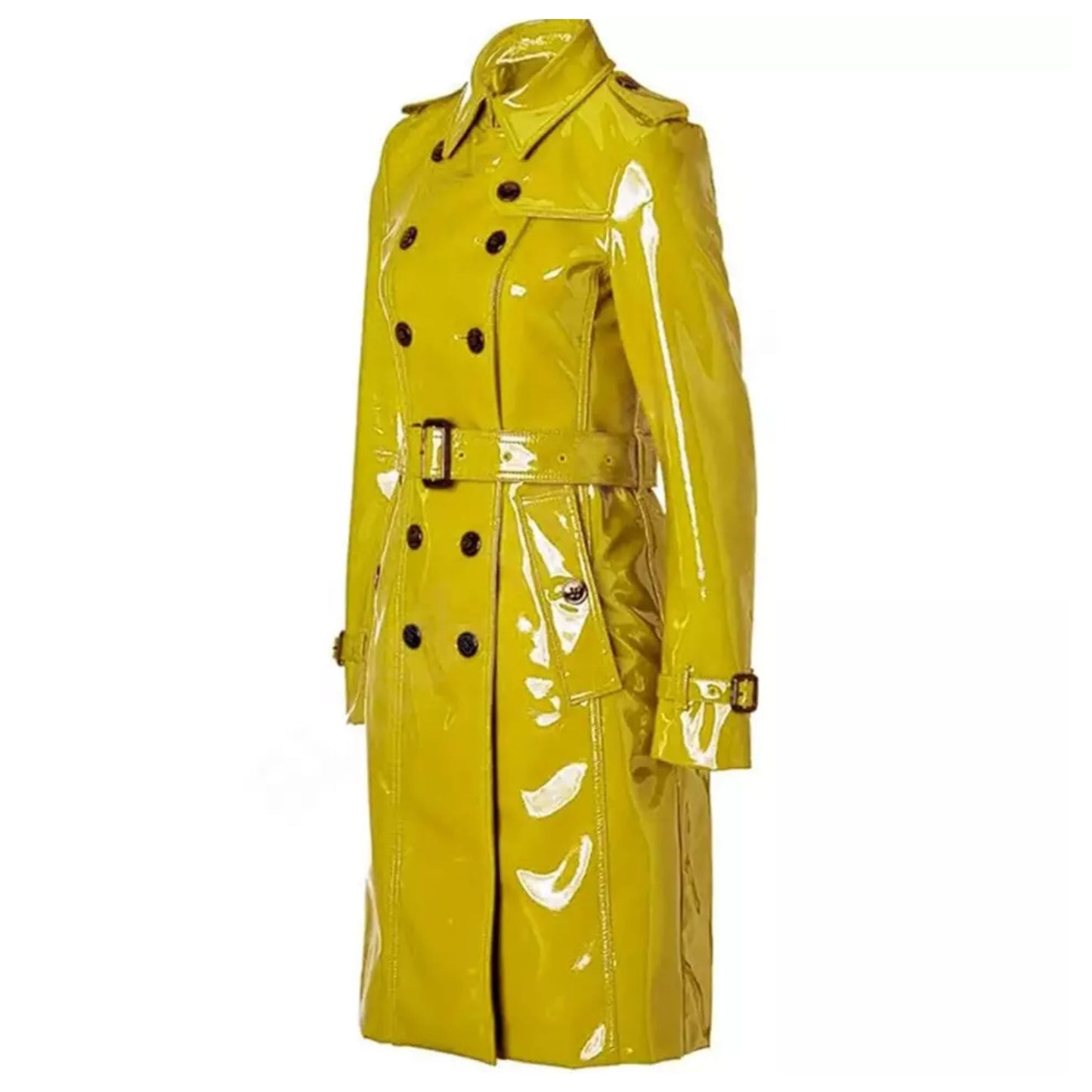 Women Trench Coat PVC Vinyl Shiny Gothic Emo Soft Faux Leather Yellow Long Premium Coat