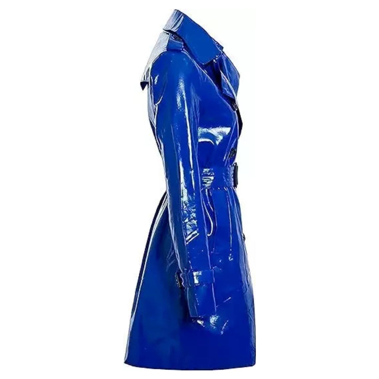 Women's Trench Coat PVC Vinyl Shiny Gothic Emo Soft Faux Leather Blue Long Premium Long Coat