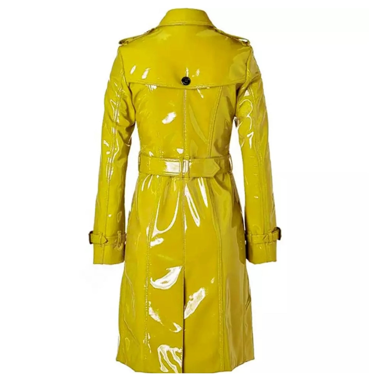 Women Trench Coat PVC Vinyl Shiny Gothic Emo Soft Faux Leather Yellow Long Premium Coat
