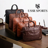 Five leather bags in black and brown shades with USSR Sports logo