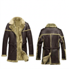 Front and back views of a brown RAF-inspired long coat with contrasting cream-coloured collar and trim on a white background