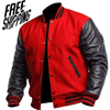 Kids Boys Letterman Bomber Baseball Red Wool & Black Leather Sleeves UK