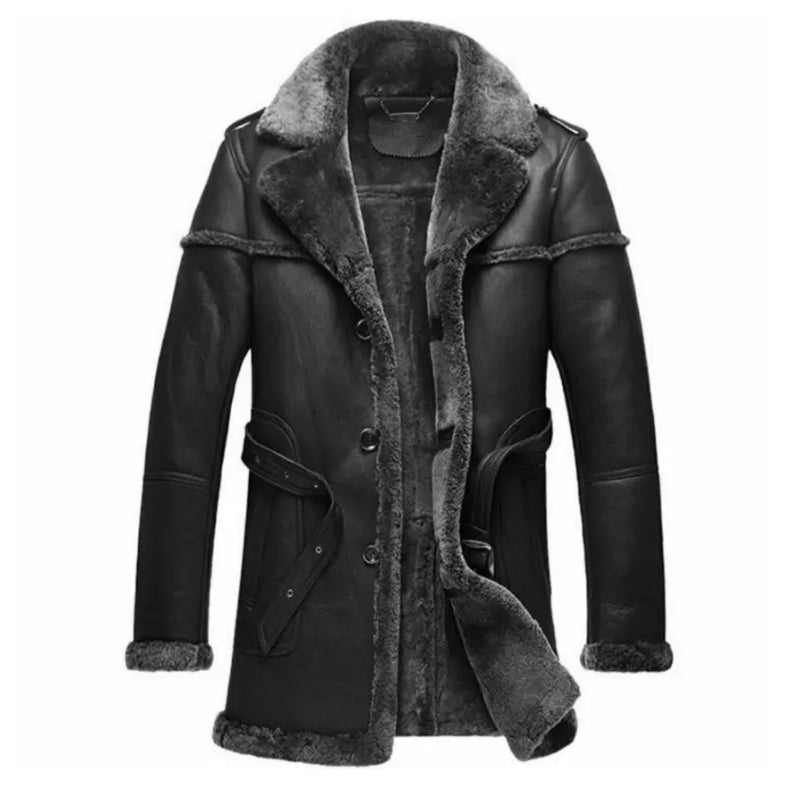 “Men’s black RAF-style long coat with grey fur-style trim, shoulder tabs and side buckle straps”