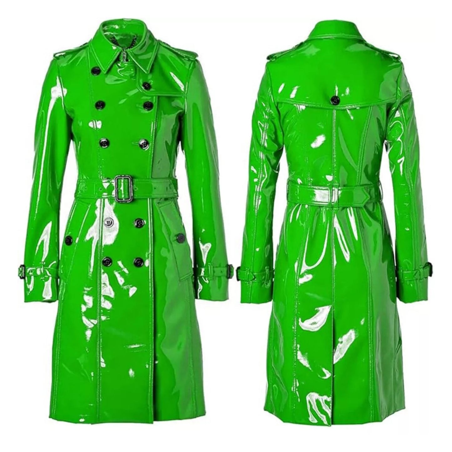 Women Trench Coat PVC Vinyl Shiny Gothic Emo Faux Leather Kelly Green Long Premium Coat