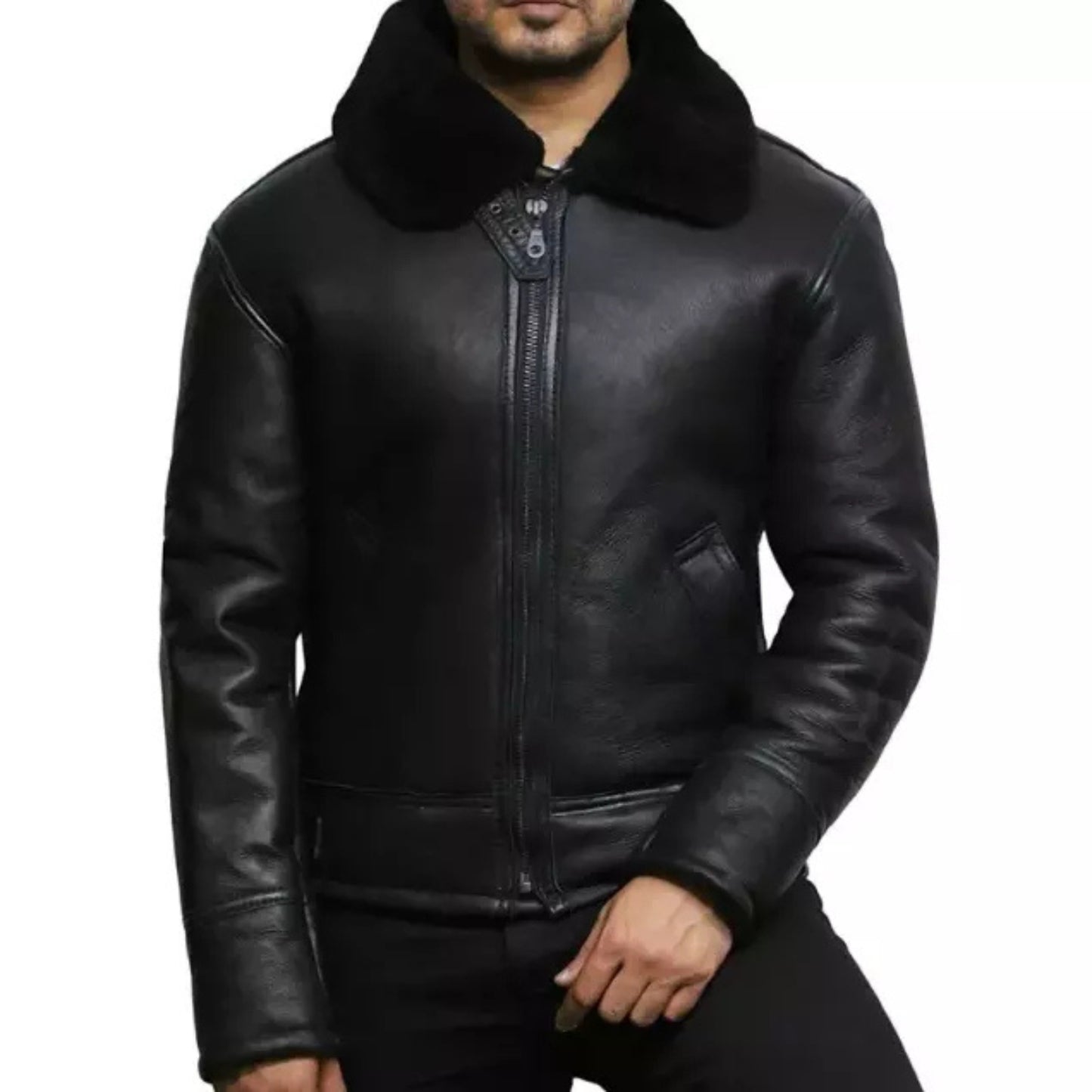 Men's Sheepskin Shearling Black Leather Jacket Aviator Flying B3 Pilot FUR Winter Warm Premium Coat