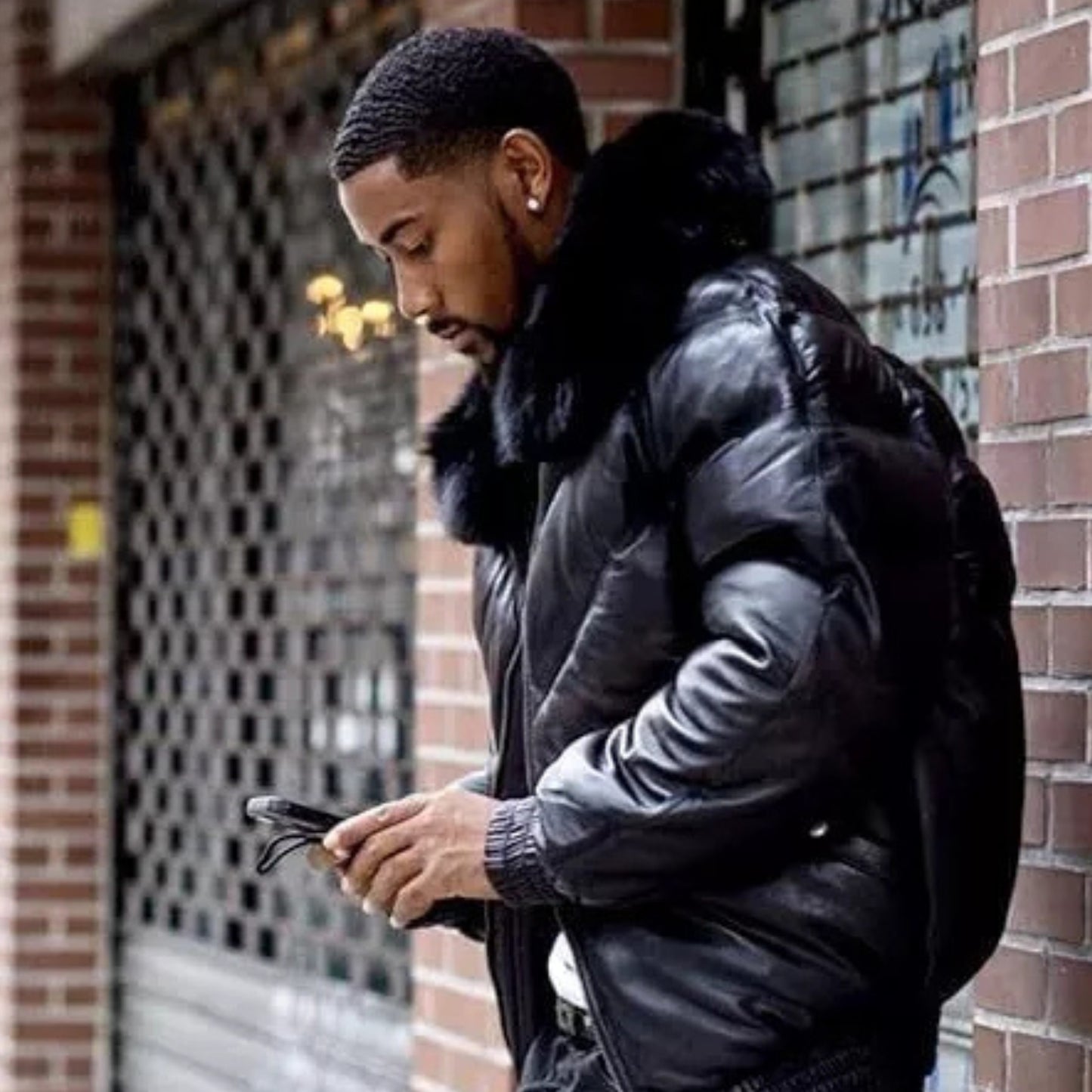 Men's V-Bomber Puffer Leather Jacket Genuine Fox Fur Collar Black Leather Different Colors Premium Jacket