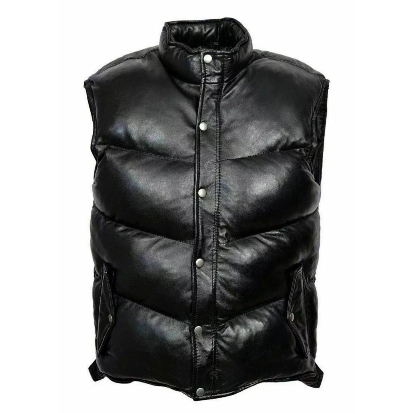 Mens EVEREST PUFFER Genuine Black Leather Gilet Vest Waistcoat Sleeveless Premium Jacket