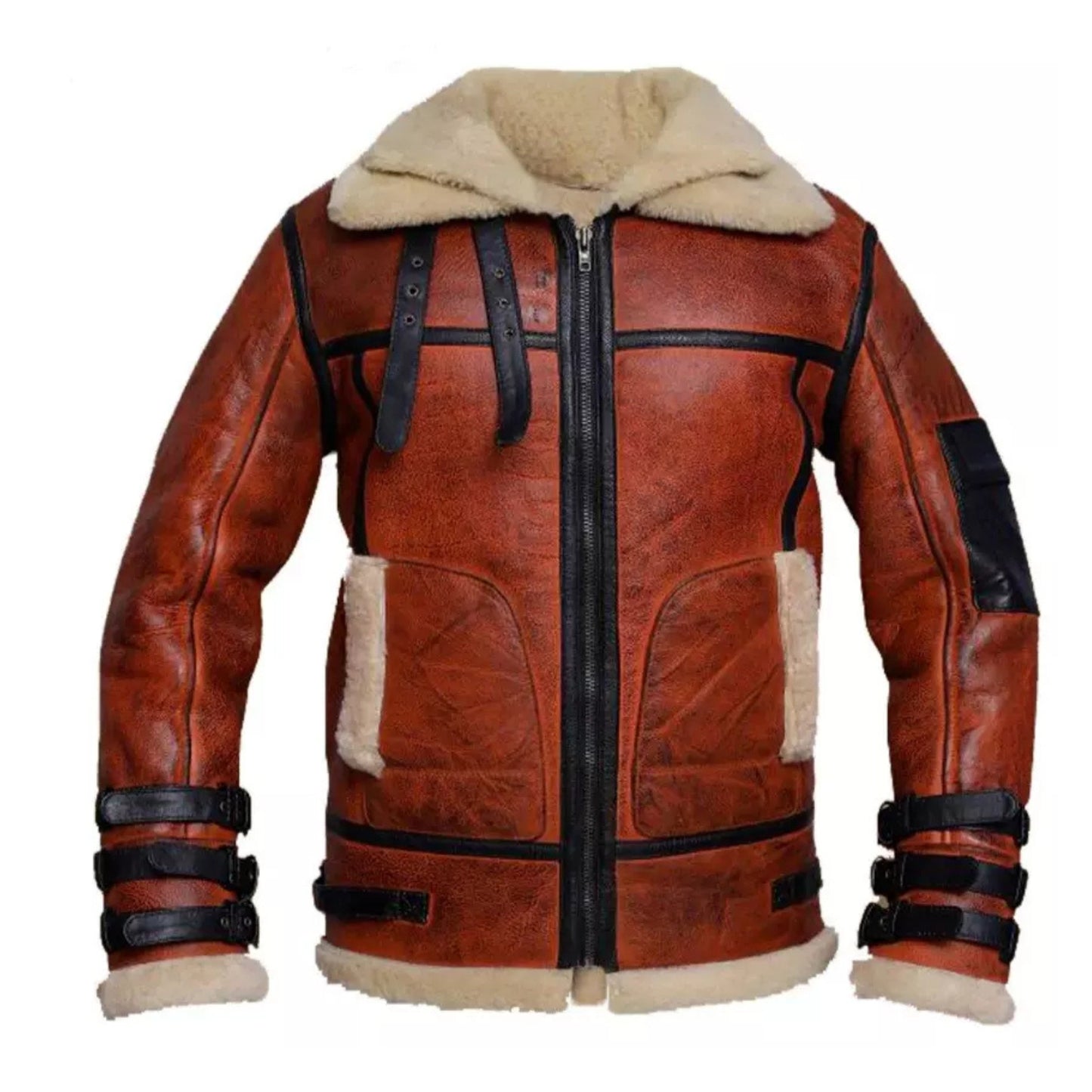 Men's RAF Flying Pilot Aviator Shearling Geniune Brown Leather Jacket Fur Winter Warm Coat