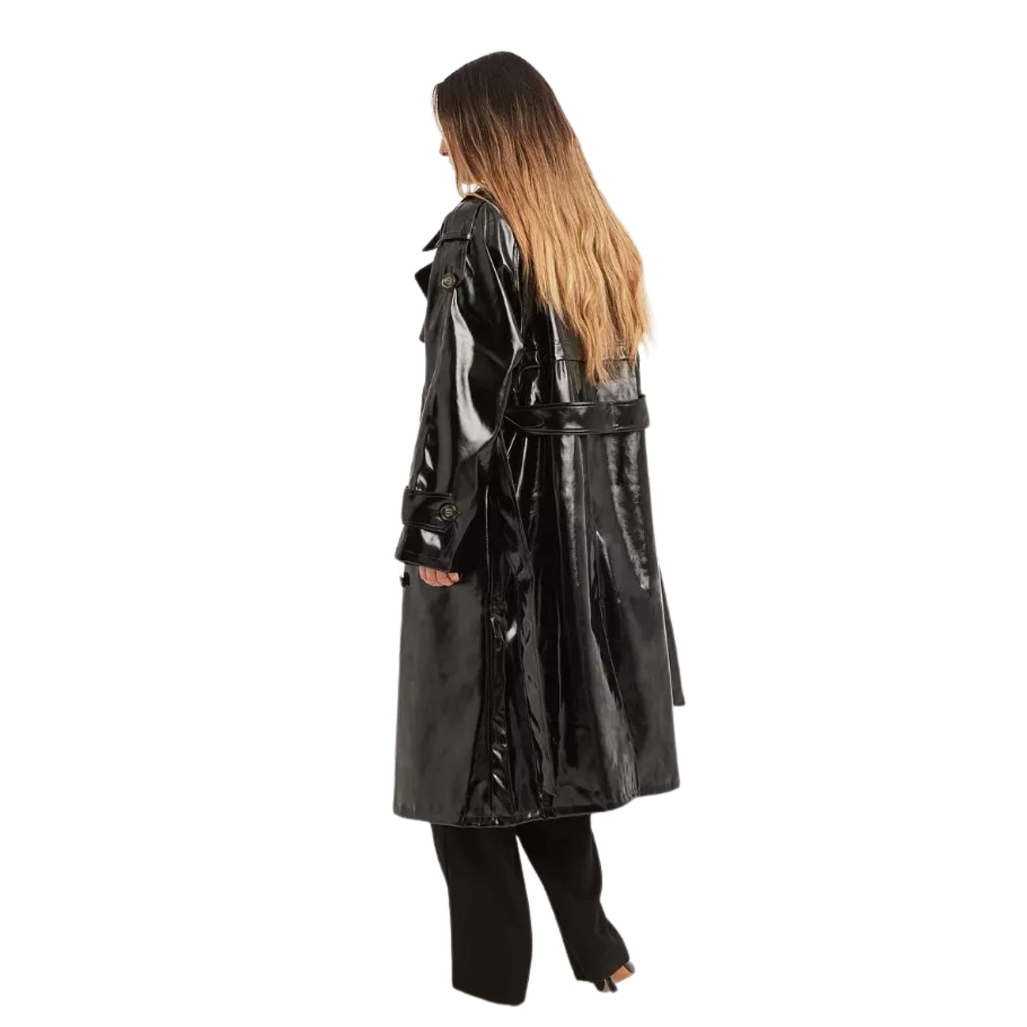Women's Trench Coat PVC Vinyl Shiny Gothic Emo Soft Faux Leather Black Long Premium Coat