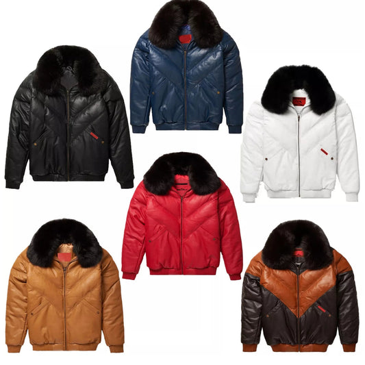 Men's V-Bomber Puffer Leather Jacket Genuine Fox Fur Collar Black Leather Different Colors Premium Jacket