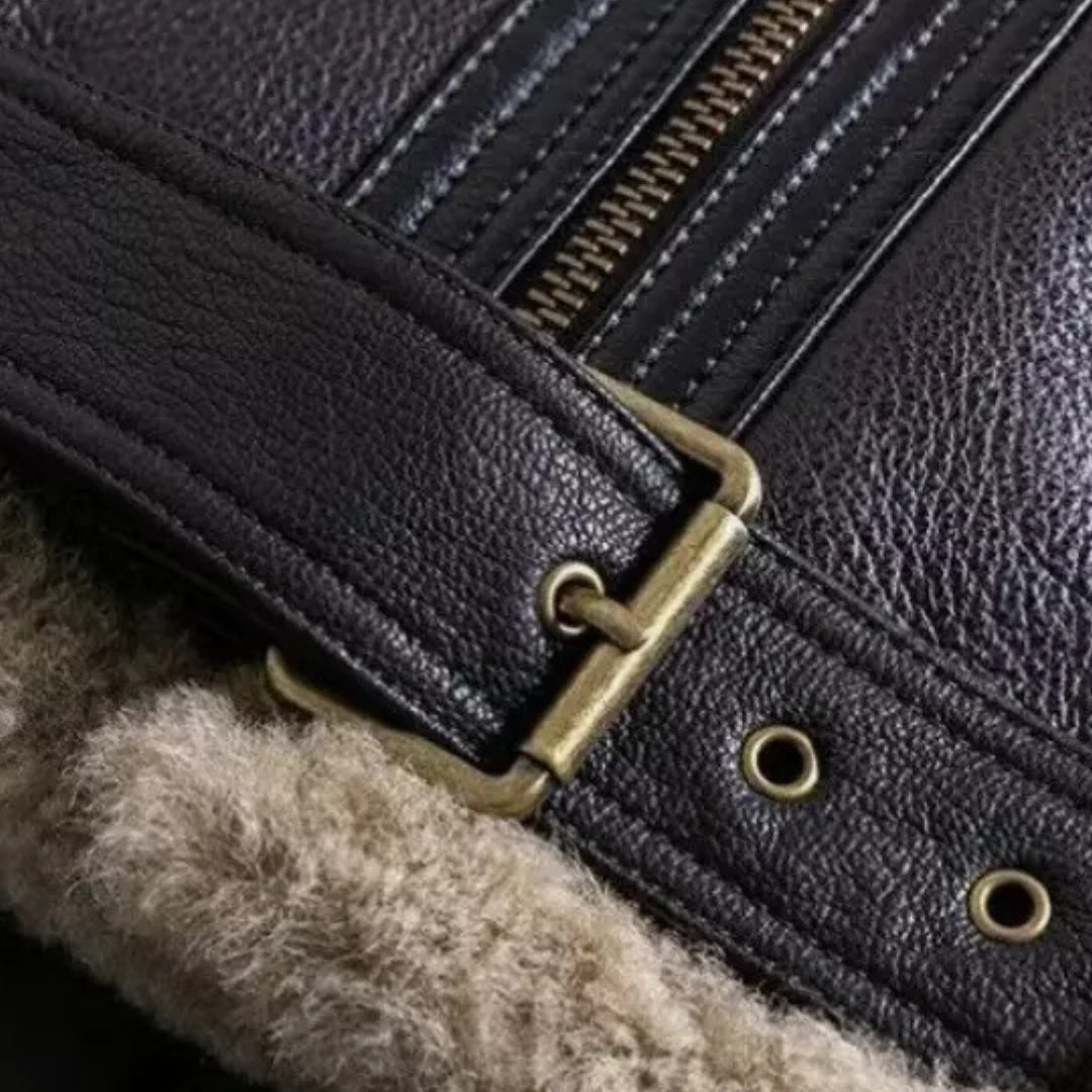 Women's Aviator RAF Double Fur Collar Heavy Jacket Biker Winter Fashion Shearling N9 Leather Jacket