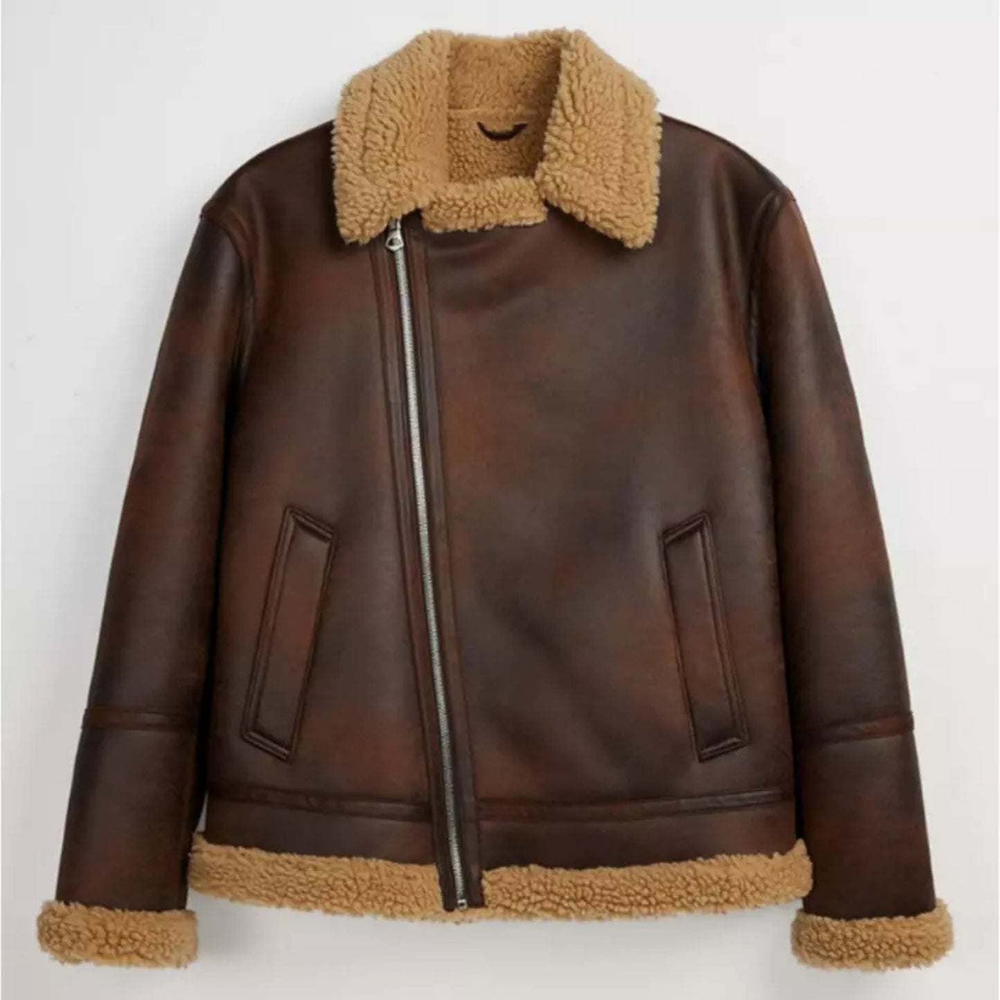 Mens Real Leather Distressed Brown Shearling Fur Aviator Warm Winter Bomber Sheepskin Jacket