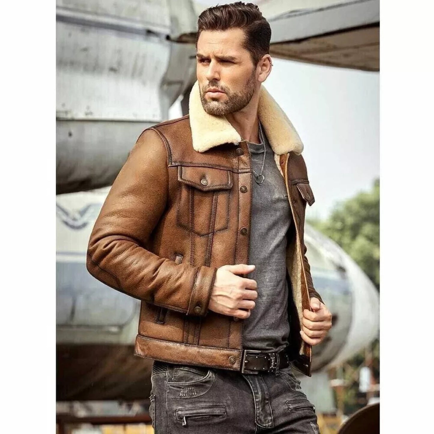 Men's RAF Bomber Aviator Genuine Sheep Skin Jacket Pilot Flying B3 Leather Winter Warm Coat