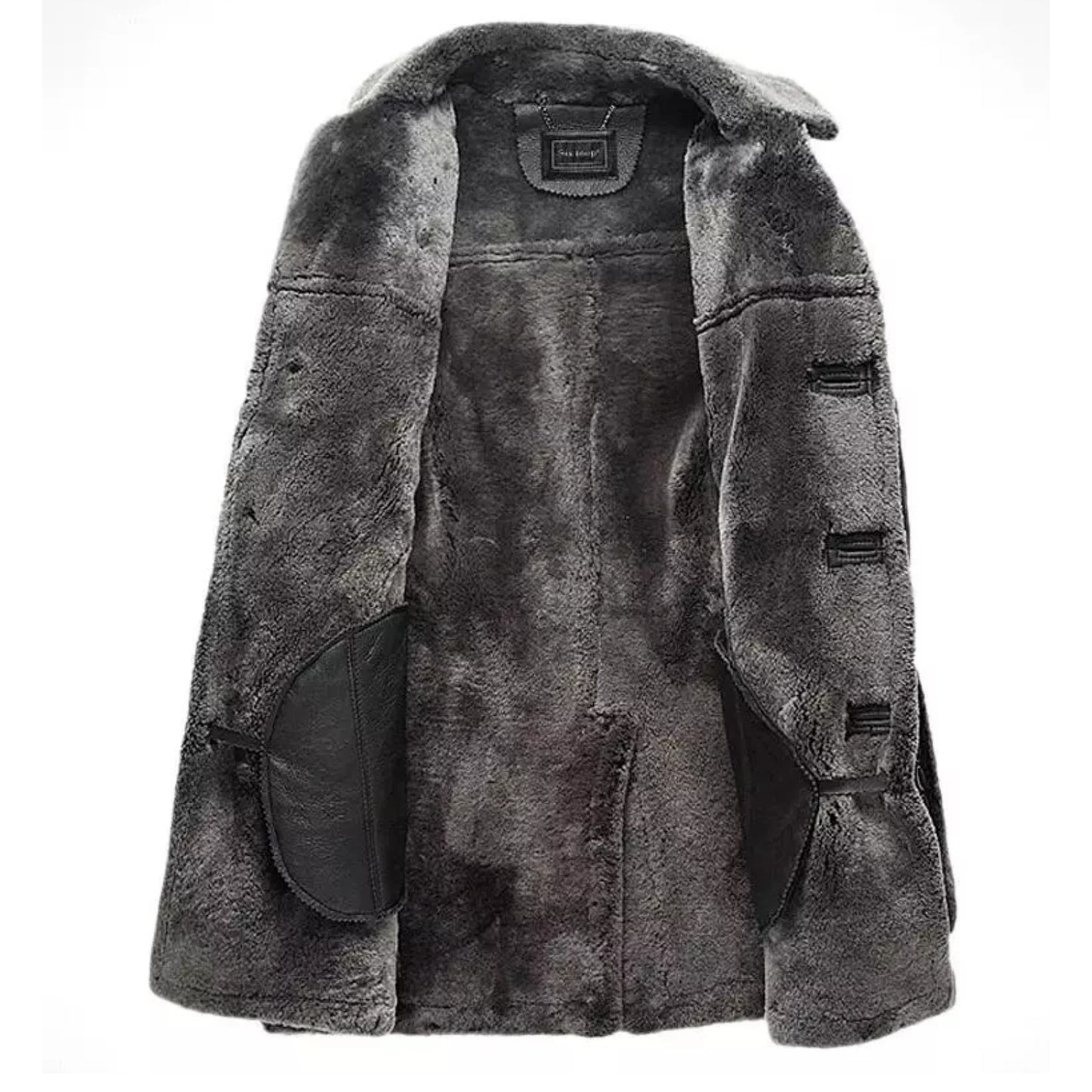 Mens RAF Shearling Long Coat Retro Leisure Bomber Genuine Black Leather Premium Winter Overcoat