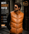 A man wearing a tan leather puffer vest over a black long-sleeve shirt, set against a dark urban street background. The image features promotional text for the 'Men's Everest Puffer' on the left and a 'Premium Quality' badge on the top right.