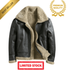 Black leather jacket with beige fur lining, labeled as a best seller, premium quality, and limited stock.