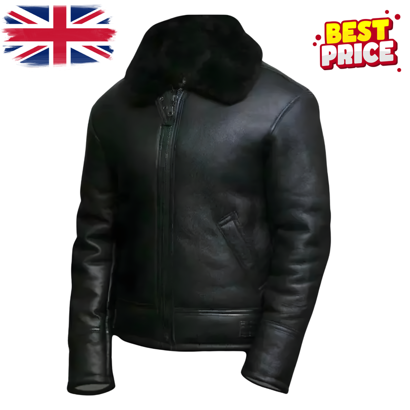 Black leather jacket with fur collar on a white background, featuring a British flag and 'Best Price' text.