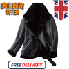 Black leather jacket with fur lining, exclusive offer text, and British flag on a white background