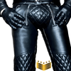 Black leather pants with quilted design and gloves on a white background