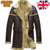 Brown leather coat with beige fur lining on a white background, featuring an 'Exclusive Offer' text and British flag.