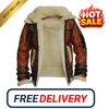 Brown leather jacket with white fur lining, labeled as a best seller and on hot sale with free delivery text.