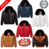 Collection of winter jackets in various colors with promotional text on a white background