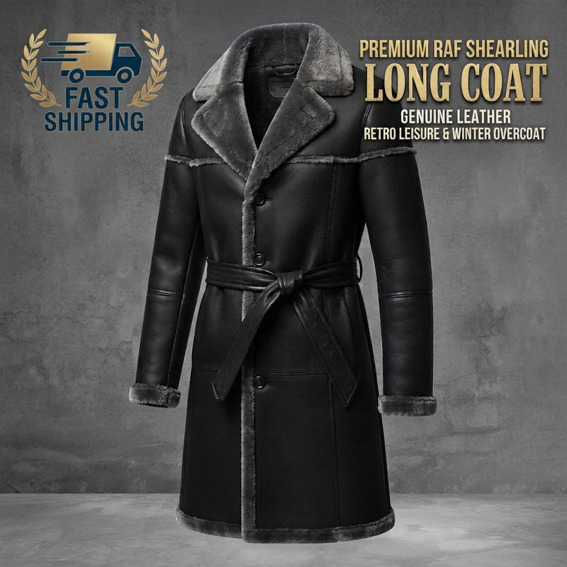 Men's RAF Shearling Long Leather Coat – Genuine Black Leather Premium Winter Overcoat ussr sports