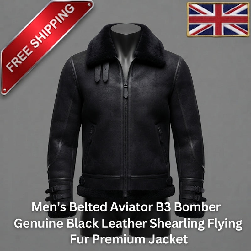 Men's B3 Aviator Bomber Jacket – Genuine Black Leather Shearling Fur Lined Belted Flight Jacket ussr sports