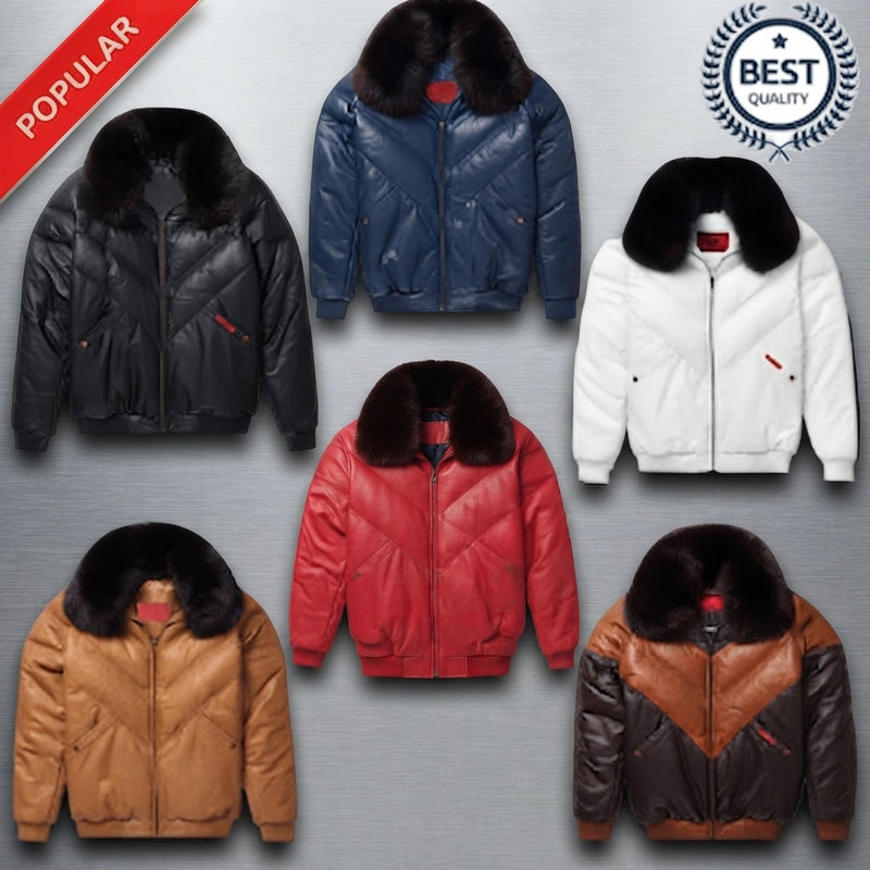 Men's V-Bomber Genuine Leather Puffer Jacket with Fox Fur Collar – Premium Winter Jacket ussr sports