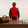 Kids Boys Red Letterman Bomber Jacket Wool Body Black Leather Sleeves Varsity Baseball Coat UK ussr sports