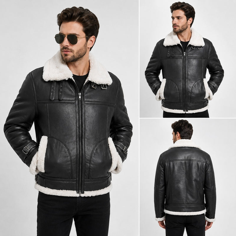 Kids Geniune Lambskin Black Leather Jacket Bomber B3 RAF Shearling
