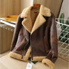 Mens Real Leather Distressed Brown Shearling Fur Aviator Warm Winter Bomber Sheepskin Jacket