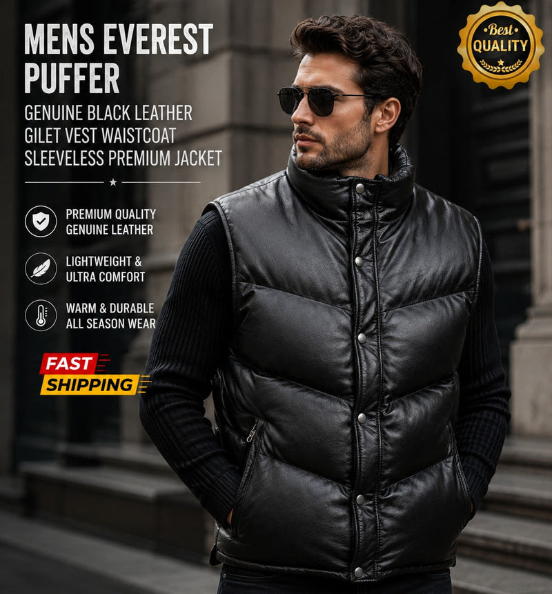 Mens EVEREST PUFFER Genuine Black Leather Gilet Vest Waistcoat Sleeveless Premium Jacket
