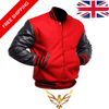 Red varsity jacket with black leather sleeves on a white background, featuring free shipping text and a British flag.