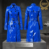 Women’s Blue PVC Trench Coat, Glossy Vinyl Long Coat, Gothic Emo Wet Look Raincoat, Belted Alternative Fashion Jacket ussr sports