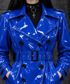 Women’s Blue PVC Trench Coat, Glossy Vinyl Long Coat, Gothic Emo Wet Look Raincoat, Belted Alternative Fashion Jacket ussr sports