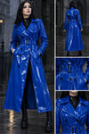 Women’s Blue PVC Trench Coat, Glossy Vinyl Long Coat, Gothic Emo Wet Look Raincoat, Belted Alternative Fashion Jacket ussr sports