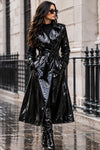 Women’s Black PVC Trench Coat, Glossy Vinyl Long Coat, Gothic Emo Wet Look Raincoat, Faux Leather Alternative Jacket ussr sports