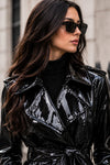 Women’s Black PVC Trench Coat, Glossy Vinyl Long Coat, Gothic Emo Wet Look Raincoat, Faux Leather Alternative Jacket ussr sports