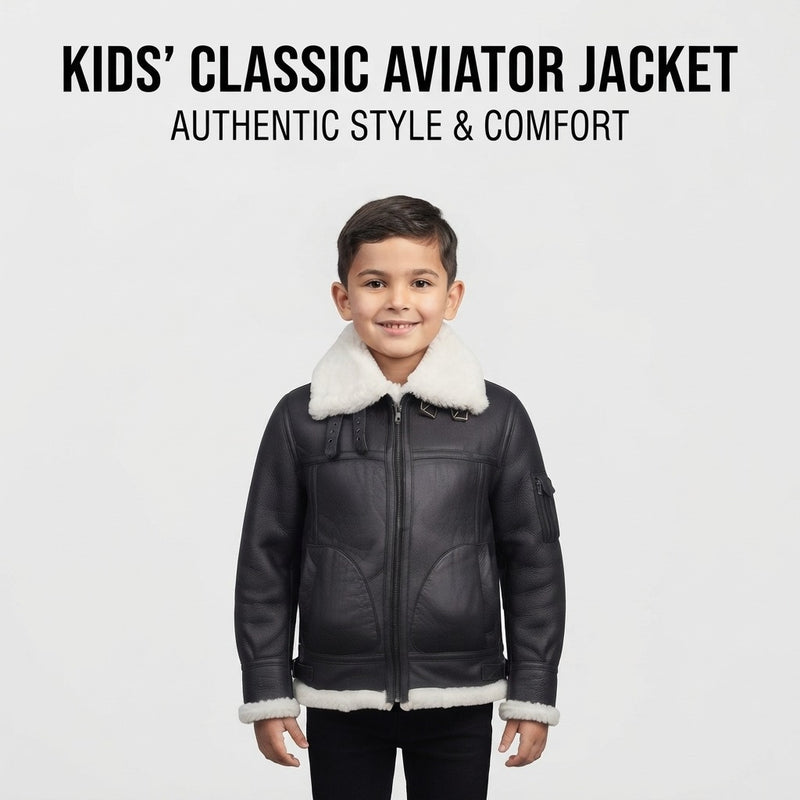 Kids Genuine Lambskin B3 Bomber Leather Jacket, Black RAF Shearling Aviator Coat ussr sports