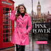 Woman in a pink raincoat standing in front of a red telephone box and Big Ben, with text about the pink raincoat.
