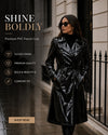 Woman wearing a glossy black PVC trench coat with promotional text on a city street background.