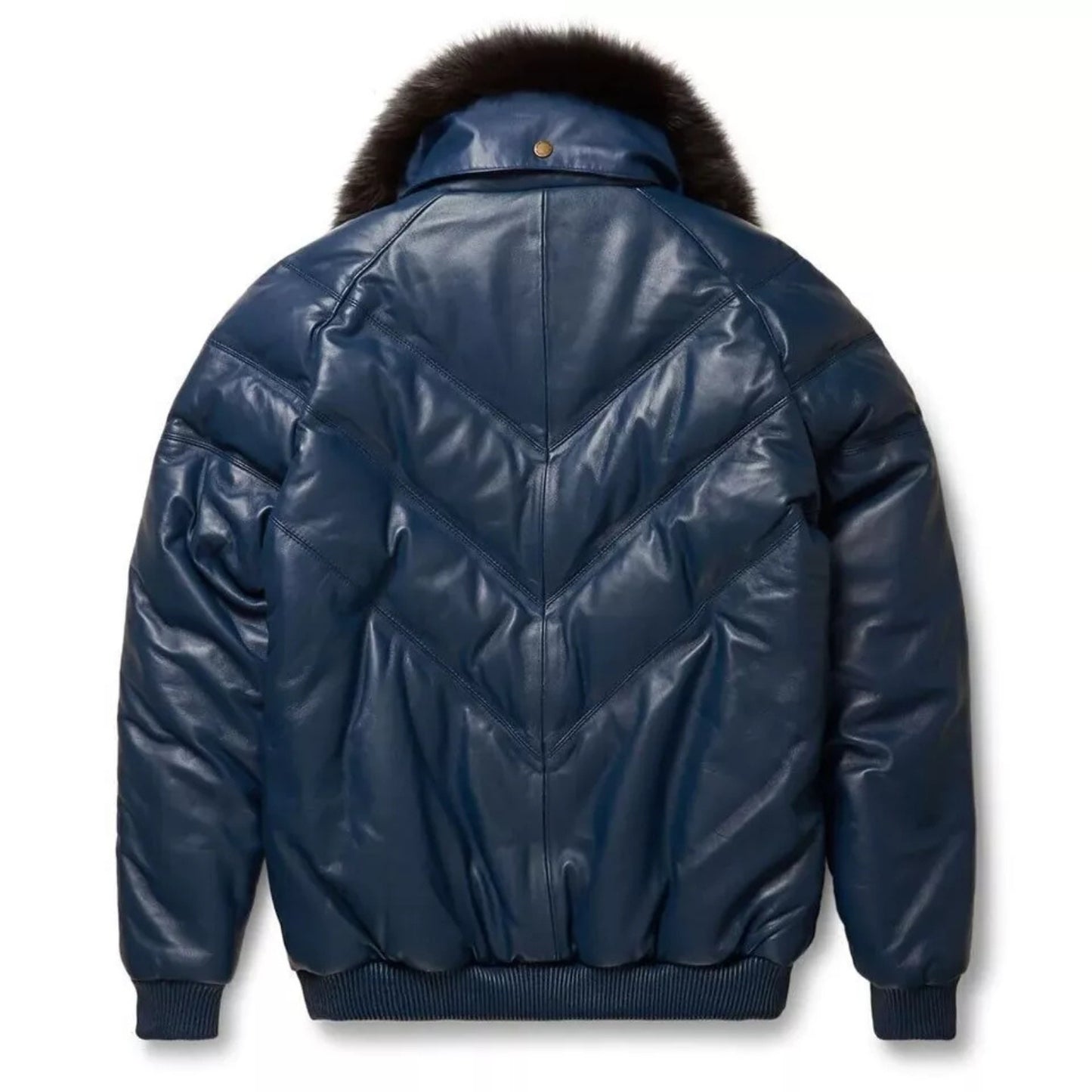 Men's V-Bomber Puffer Leather Jacket Genuine Fox Fur Collar Black Leather Different Colors Premium Jacket