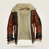 Brown RAF-style aviator jacket with cream fur-style lining, black piping and cuff straps on a neutral background