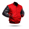 Red and black varsity jacket on a clean white background, edited from the original product photo