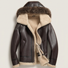 Men’s dark brown hooded aviator jacket with cream lining, zip front, collar straps and slanted side pockets