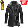 Mens RAF Shearling Long Coat Retro Leisure Bomber Genuine Black Leather Premium Winter Overcoat