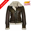 Women Aviator RAF Bomber Shearling Real Brown Heavy Leather Jacket Sheepskin Fur Coat Winter